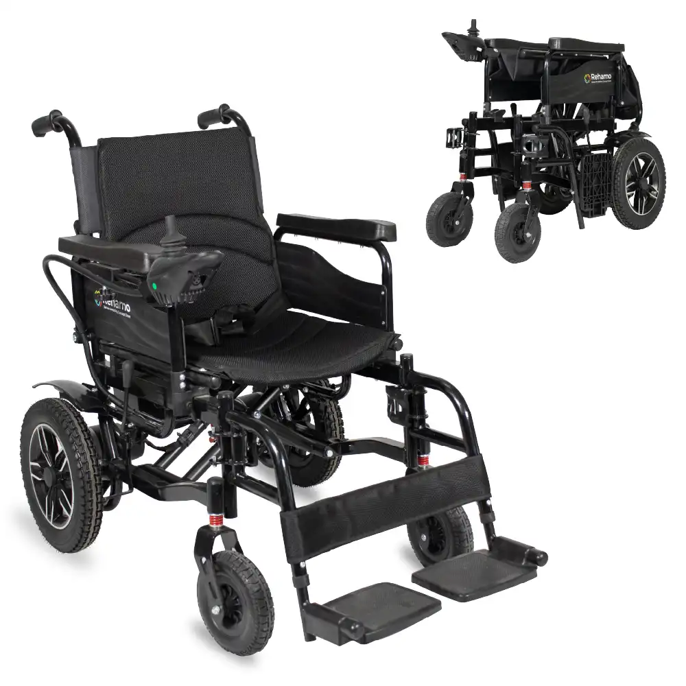 Rehamo Electra Eco Foldable M-Steel Frame Electric Wheelchair for Indian Terrains with Dry Battery