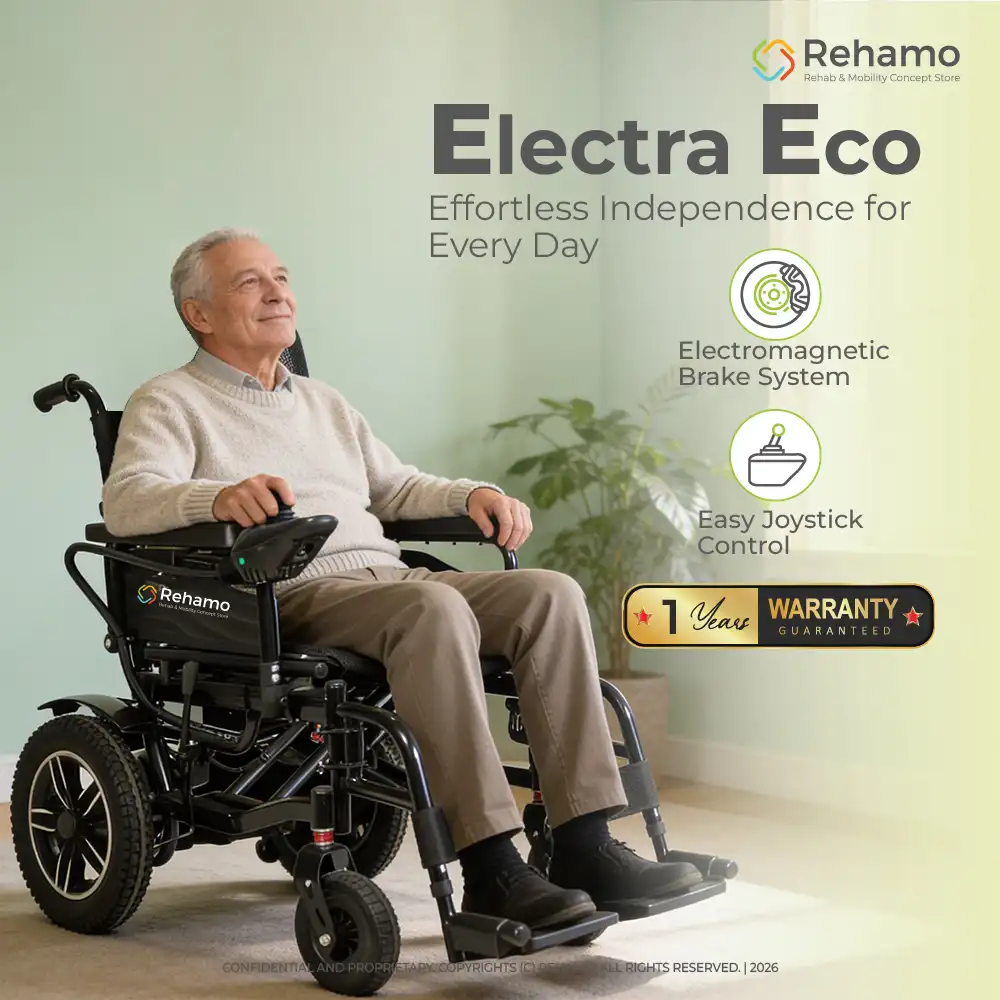 Rehamo Electra Eco Foldable M-Steel Frame Electric Wheelchair for Indian Terrains with Dry Battery
