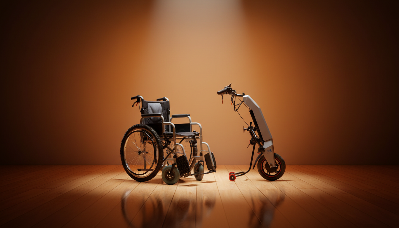 VGO hybrid wheelchair attachment beside a manual wheelchair for powered mobility assistance.