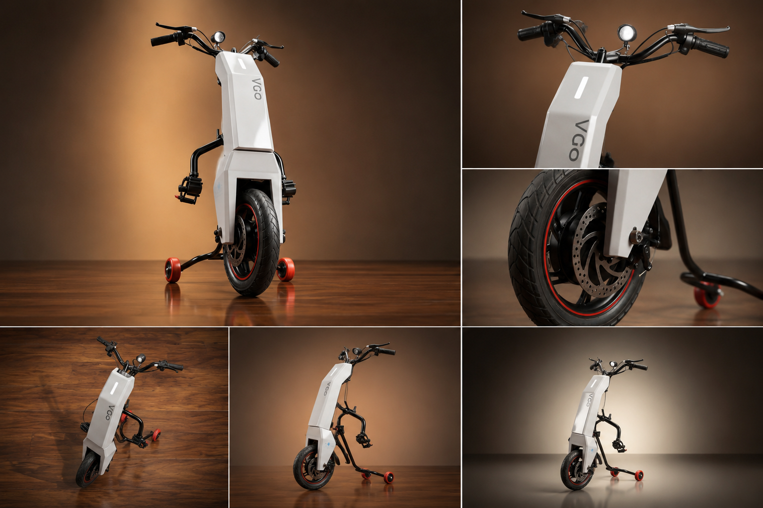 Multi-angle 3D studio renders of VGO hybrid mobility attachment showcasing design and engineering.