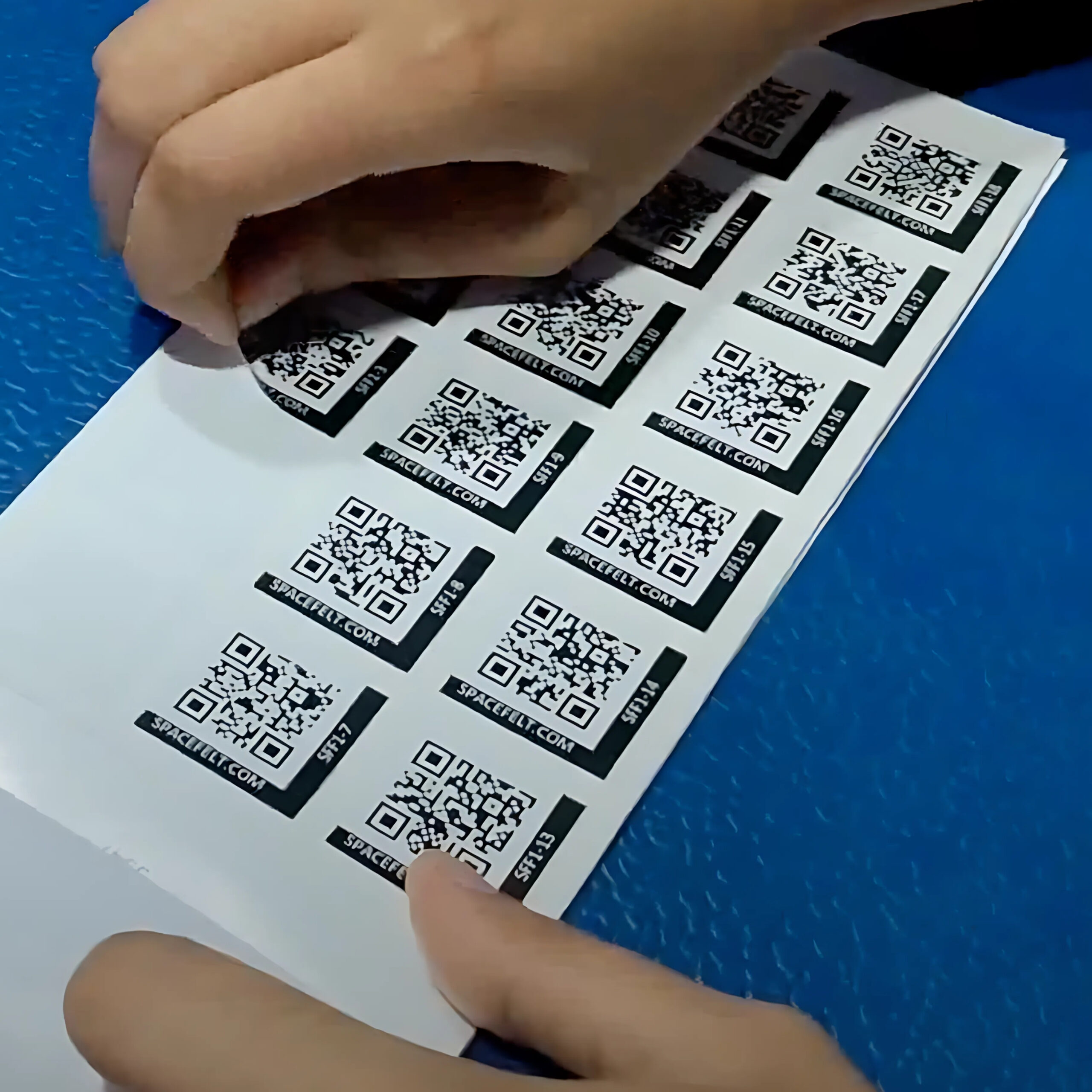 Person peeling a QR code sticker from a Spacefelt labelling booklet placed on a blue surface.