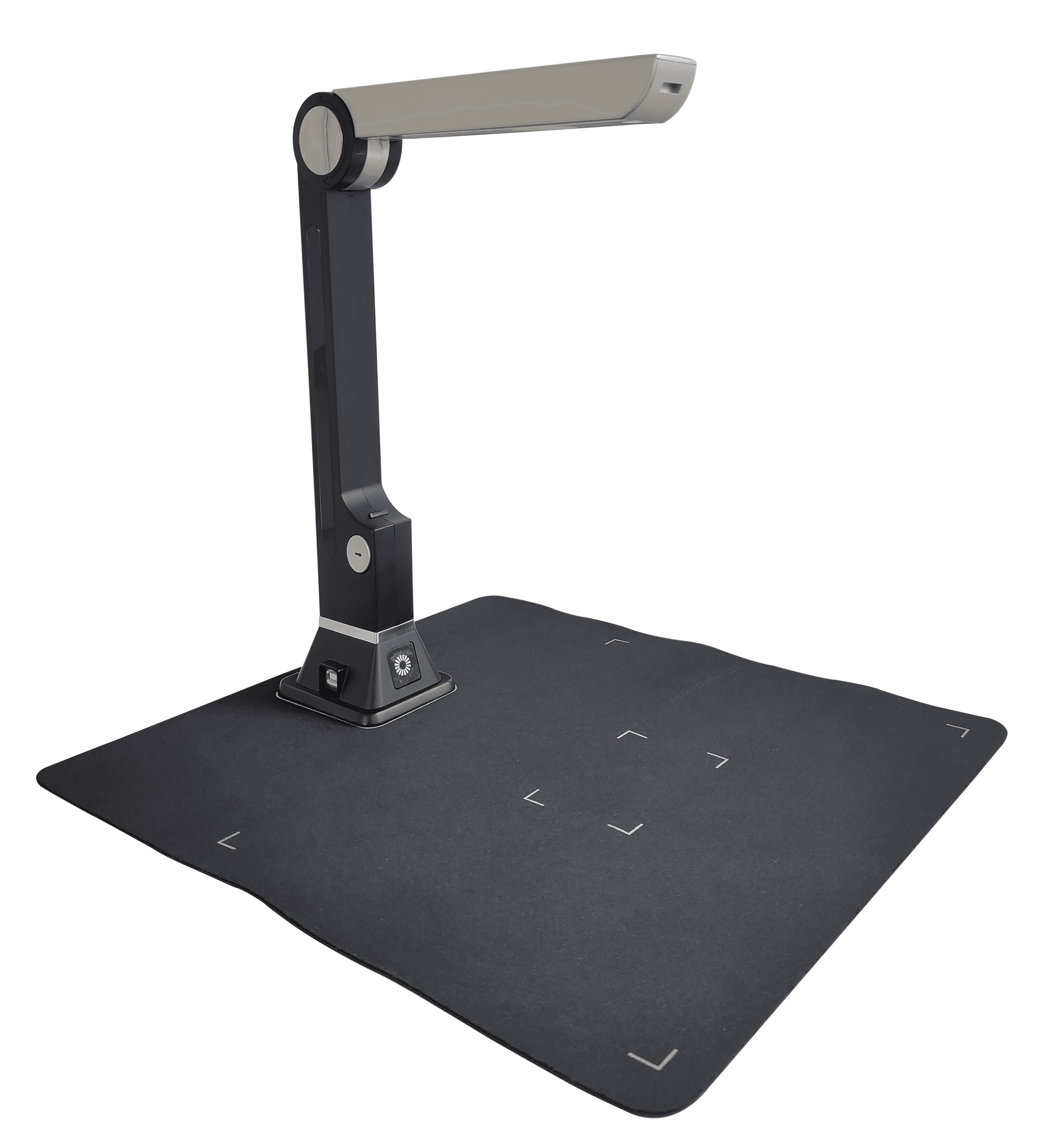 Left side view of Table-lamp shaped Kibo 1.0 hardware device placed on a mouse pad material A4 sized mat.
