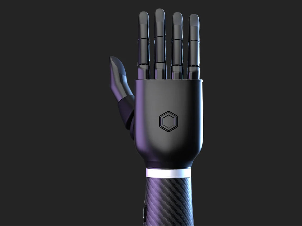 Bionic arm, outer hand view. Black hand with four fingers extended upward, thumb out to the side, hexagon logo on palm.