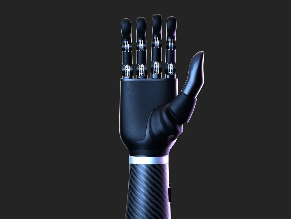 Bionic arm, inner hand view. Black forearm, four fingers extended upward with mechanical joints, thumb out to the side.